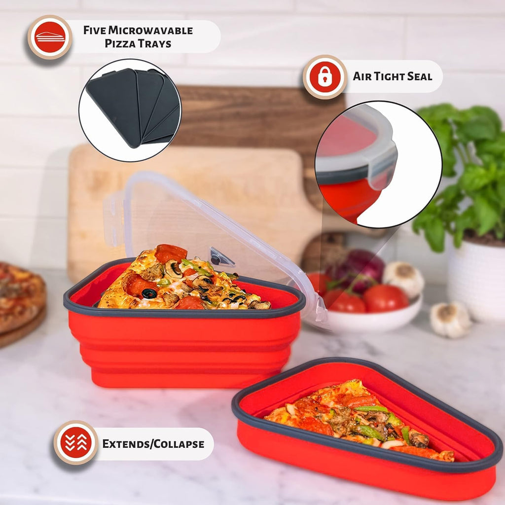 The Perfect ™ - Reusable Pizza Storage Container with 5 Microwavable Serving Trays - Bpa-Free Adjustable Pizza Slice Container to Organize & save Space, Red