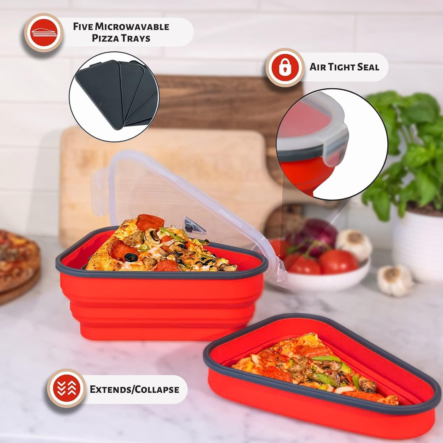 The Perfect ™ - Reusable Pizza Storage Container with 5 Microwavable Serving Trays - Bpa-Free Adjustable Pizza Slice Container to Organize & save Space, Red
