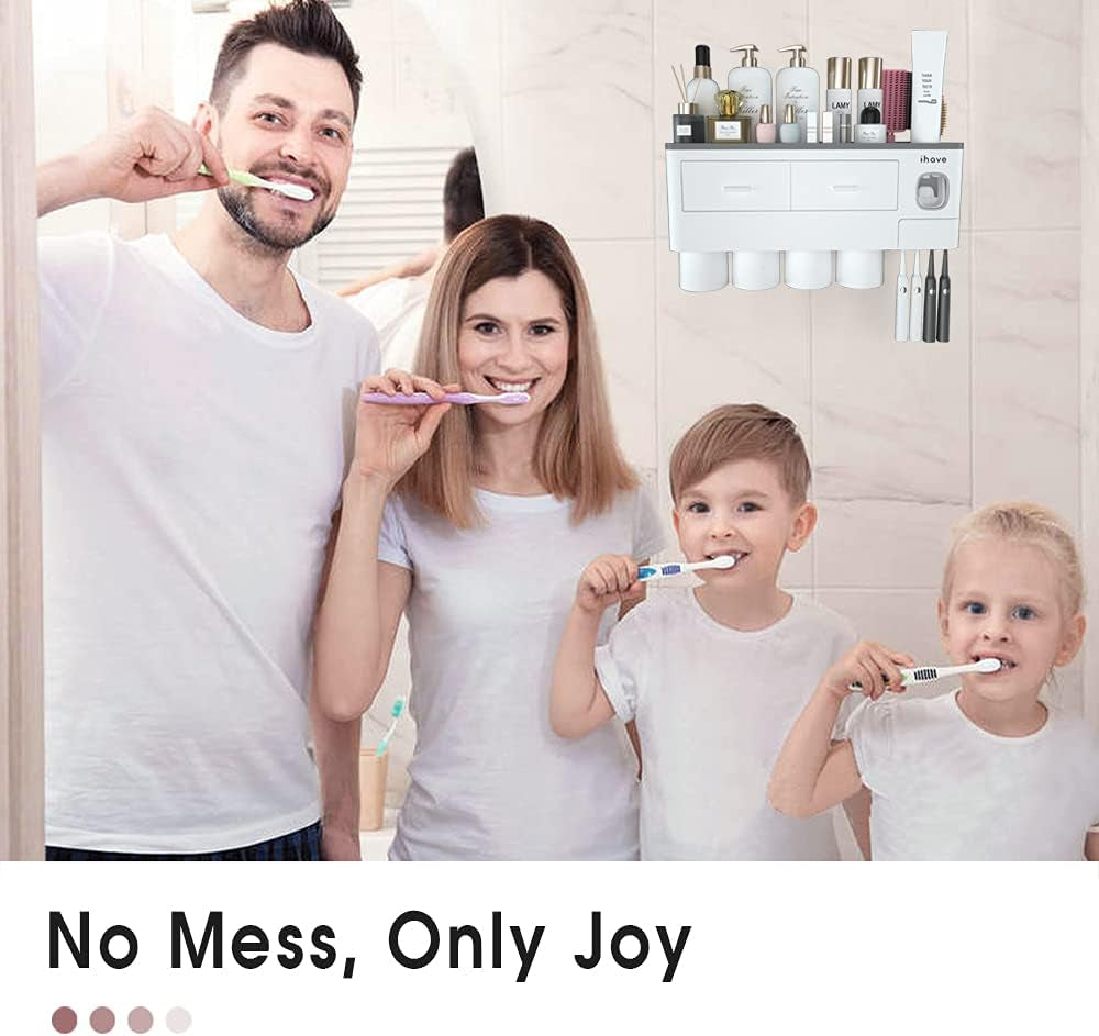 Toothbrush Holders for Bathrooms, 4 Cups Toothbrush Holder Wall Mounted with Toothpaste Dispenser - Large Capacity Tray, 2 Cosmetic Drawer - Bathroom Organizer & Bathroom Accessories Set