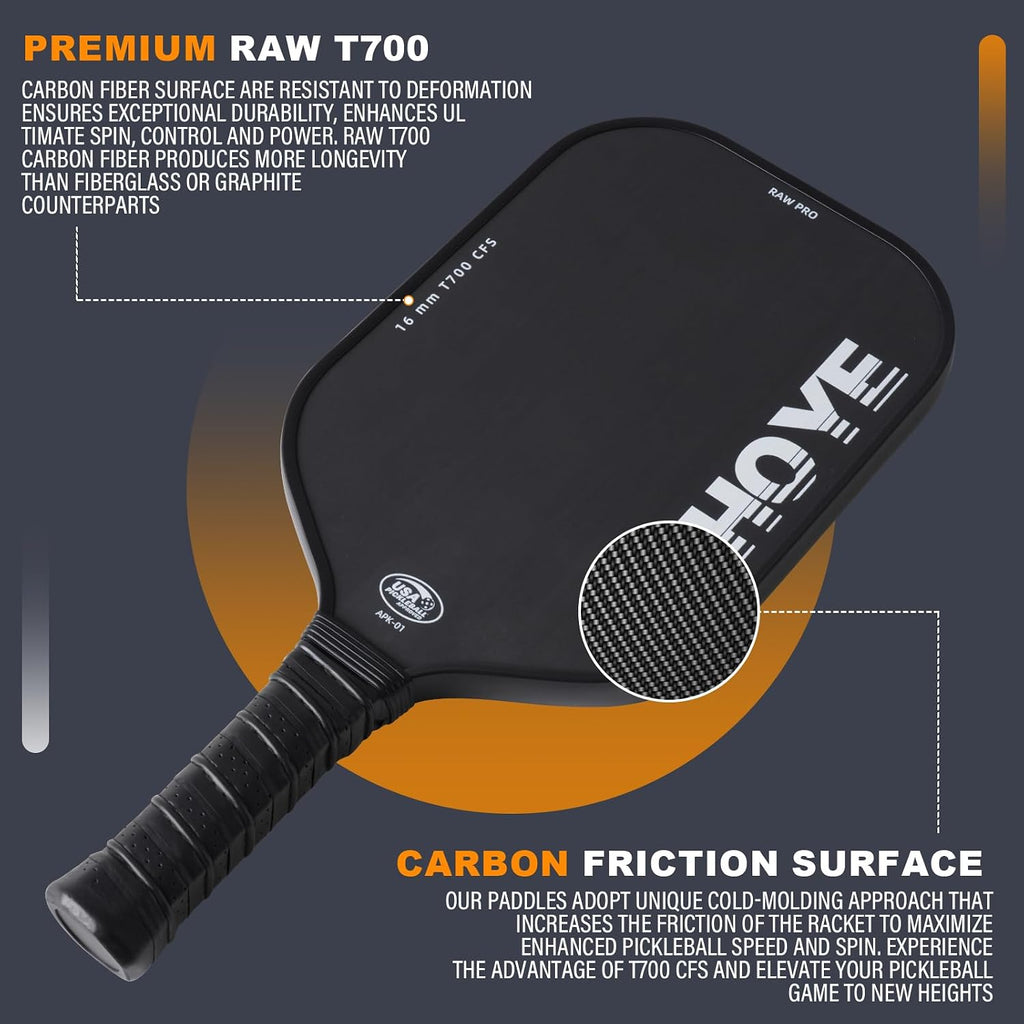 PRO Pickleball Paddles- Raw T700 Carbon Fiber Textured Surface (CFS) with High Grit & Spin, Pickleball Paddles with 16MM Polypropylene Honeycomb Core, USAPA Approved