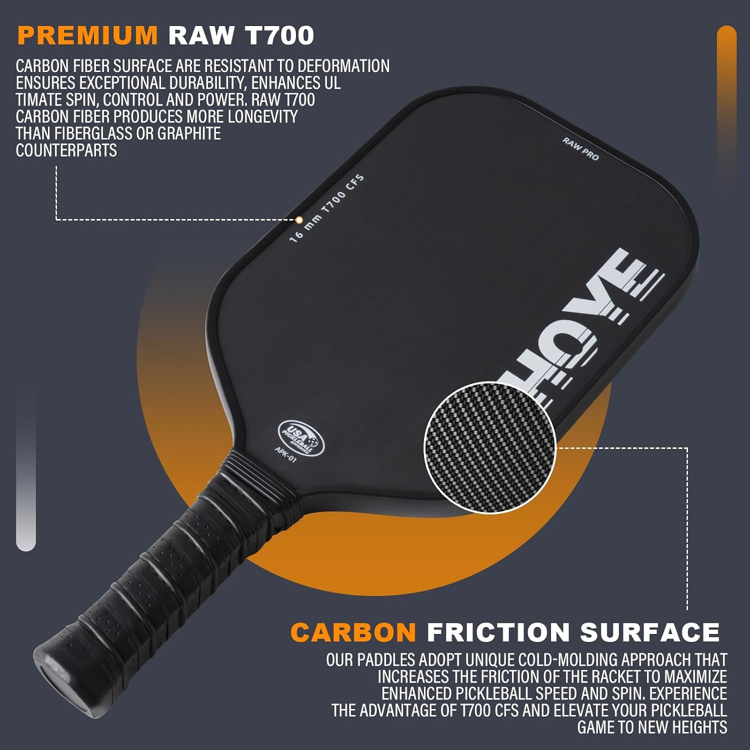 PRO Pickleball Paddles- Raw T700 Carbon Fiber Textured Surface (CFS) with High Grit & Spin, Pickleball Paddles with 16MM Polypropylene Honeycomb Core, USAPA Approved