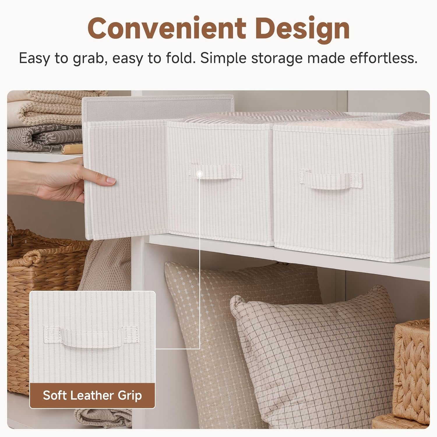 Foldable Shelf Organizer Bins, Closet Storage Baskets for Clothes, Fabric Storage Bins for Shelves, Beige Stripes, 3-Pack, Large