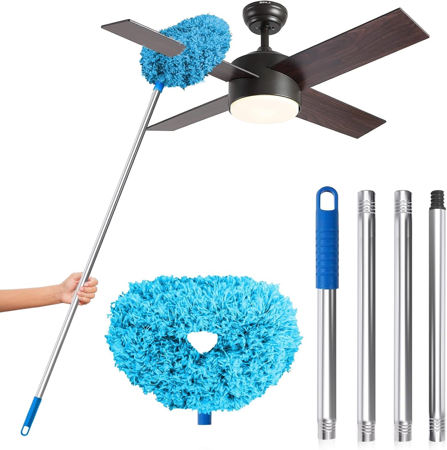 Ceiling Fan Cleaner Duster, Reusable Microfiber Duster with Extension Pole, 13 to 48 Inch Fan Blade Cleaner, Removable Dusters for Cleaning Walls Bookshelves Door Window Top (Blue)