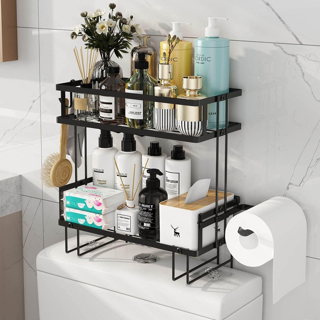2-Tier over Toilet Storage Shelf, Wall-Mount with 2 Hook/Paper Rack | Bathroom Organizers and Storage Cabinet, Behind/Above/On/Top/Back Tank Shelves, Decor for Bathroom/Restroom/Kitchen/Bedroom