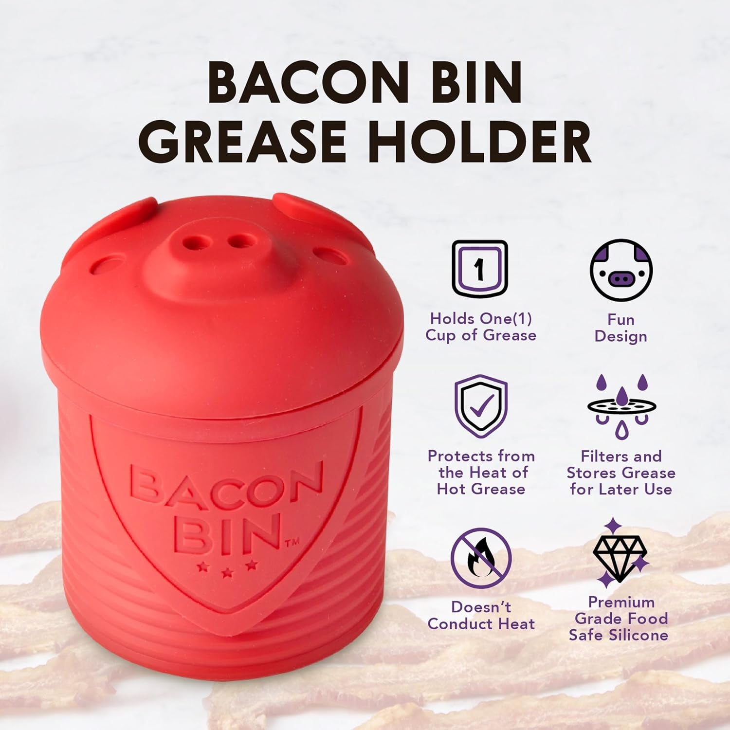 Bacon Bin Grease Strainer & Collector | Family Friendly Kitchen Tools | Fun & Functional Silicone Grease Container | Holds up to 1 Cup | Red