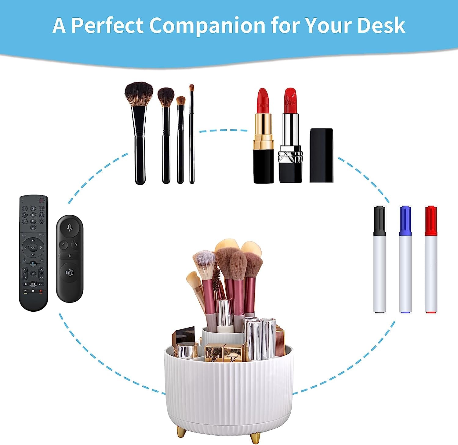 Desk Organizer, 360-Degree Rotating Pen Holder, Desk Organizers and Accessories with 5 Compartments Pencil Holder, Art Supply Storage Box Caddy for Office, Home（White）
