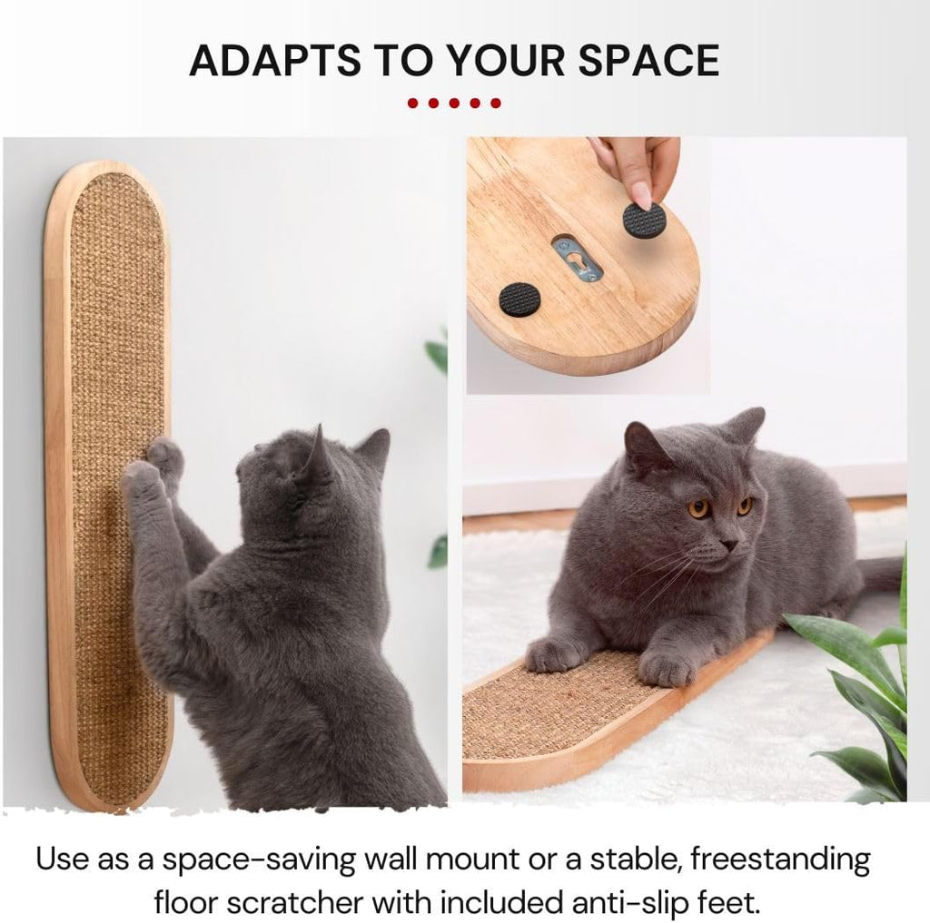 Indoor Cat Wall Scratcher — Multidirectional Sisal Scratch Pad & Board for Furniture Protection, Space-Saving Wall or Floor Use, Solid Rubberwood, All Breeds (Natural)