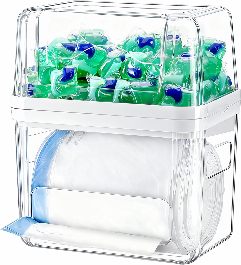 Trash Bag and Dishwasher Pod Dispenser - 3 in 1 Clear Storage Bins Holder for 13/30/33 Gallon Garbage Bags, Laundry Detergent Pods & Tabs, under Sink Organizer for Kitchen and Laundry Room