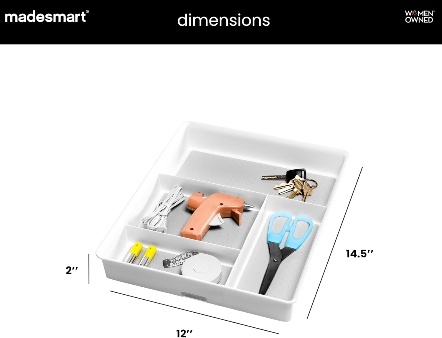 4 Compartment Drawer Organizer, Multi Purpose Storage for Utensils, Office Tools, Cords, & Small Household Items, Tech Accessories, Arts & Crafts Supplies, Non Slip Lining, White