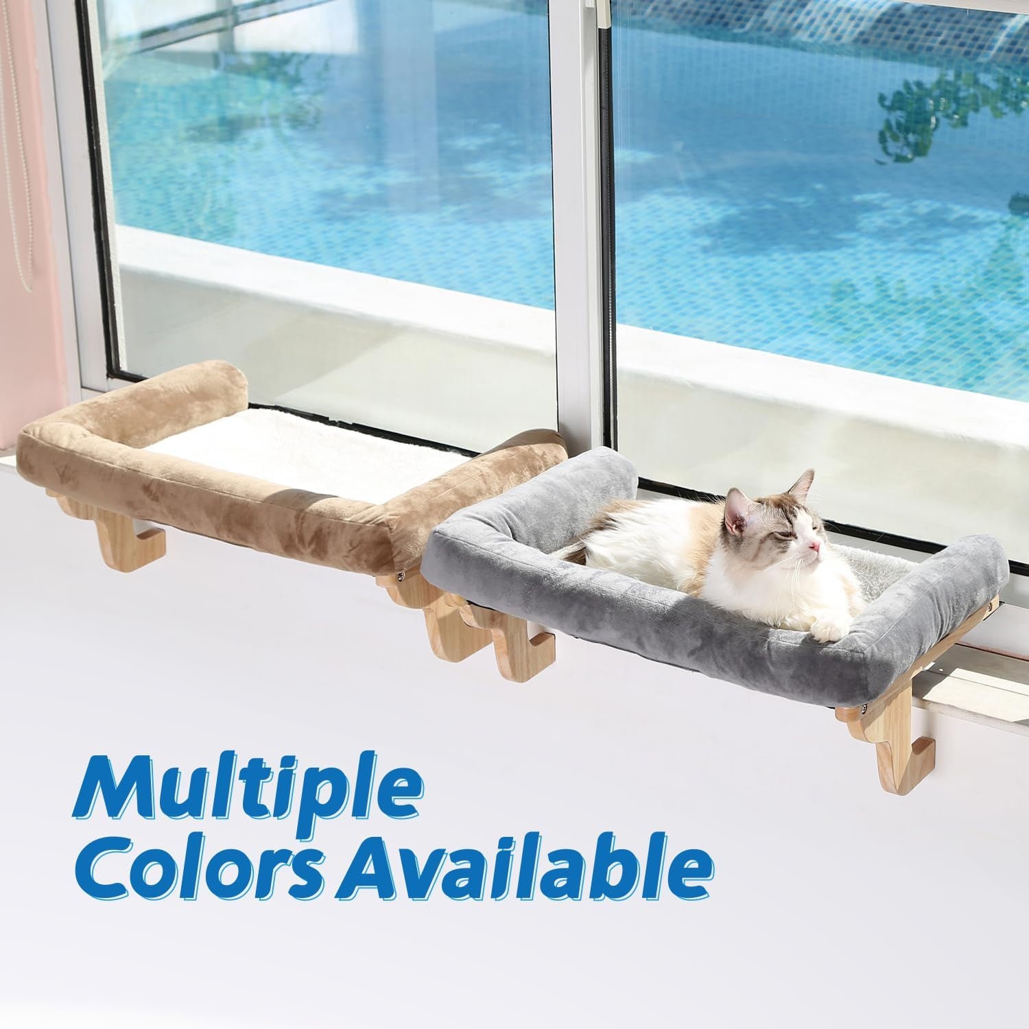 Cat Perch for Window Sill with Bolster - Orthopedic Hammock Design with Premium Hardwood & Robust Metal Frame - Cat Window Seat for Large Cats and Kittens - Natural Color Wood Gray Bed, 24''W