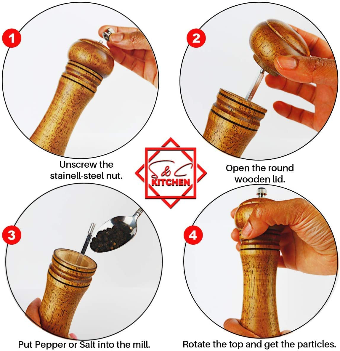 Wooden Pepper Mill or Salt Mill with a Cleaning Brush - 8 Inch Tall - Best Pepper or Salt Grinder Wood with a Adjustable Ceramic Rotor and Easily Refillable - Oak Wood Pepper Grinder for Your Kitchen