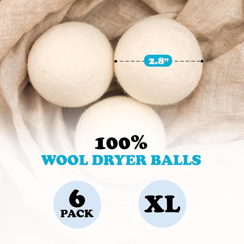 Wool Dryer Balls -  6-Pack - XL Premium Natural Fabric Softener Award-Winning - Wool Balls Replaces Dryer Sheets - Wool Balls for Dryer - Laundry Balls for Dryer, 6 Count (Pack of 1)