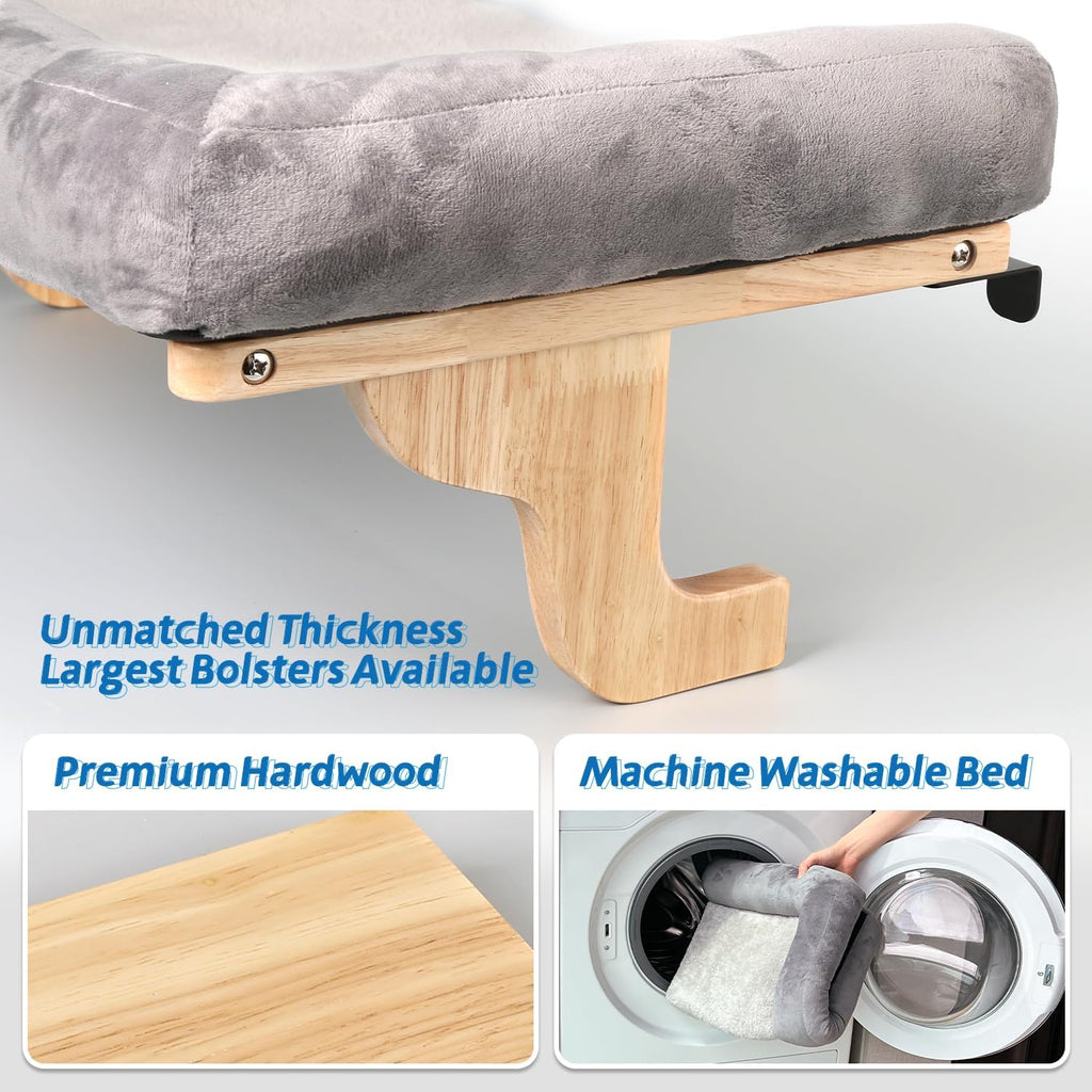 Cat Perch for Window Sill with Bolster - Orthopedic Hammock Design with Premium Hardwood & Robust Metal Frame - Cat Window Seat for Large Cats and Kittens - Natural Color Wood Gray Bed, 24''W
