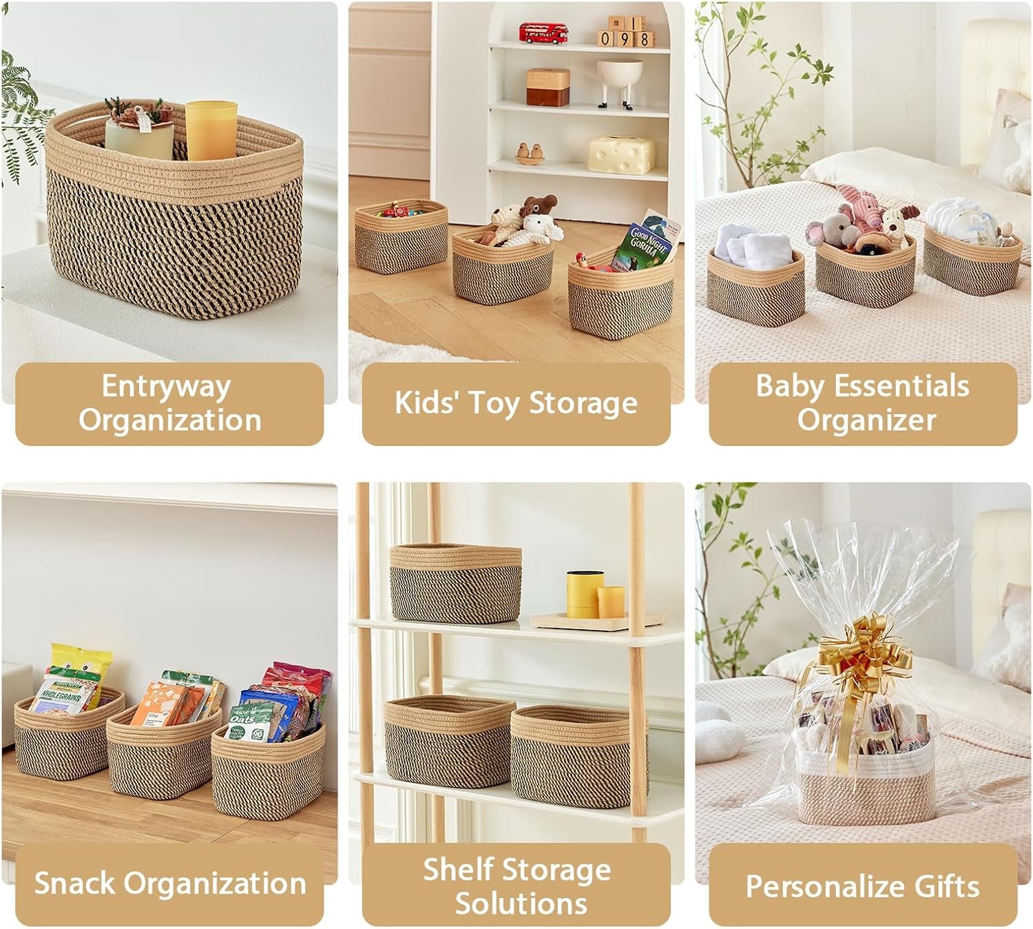 Small Cotton Rope Basket – Storage Bin for Organizing (10.6" X 6.7" X 6.7"), Bathroom Storage Basket for Shelf, Counter & Closet（Camel & Mixed Black）