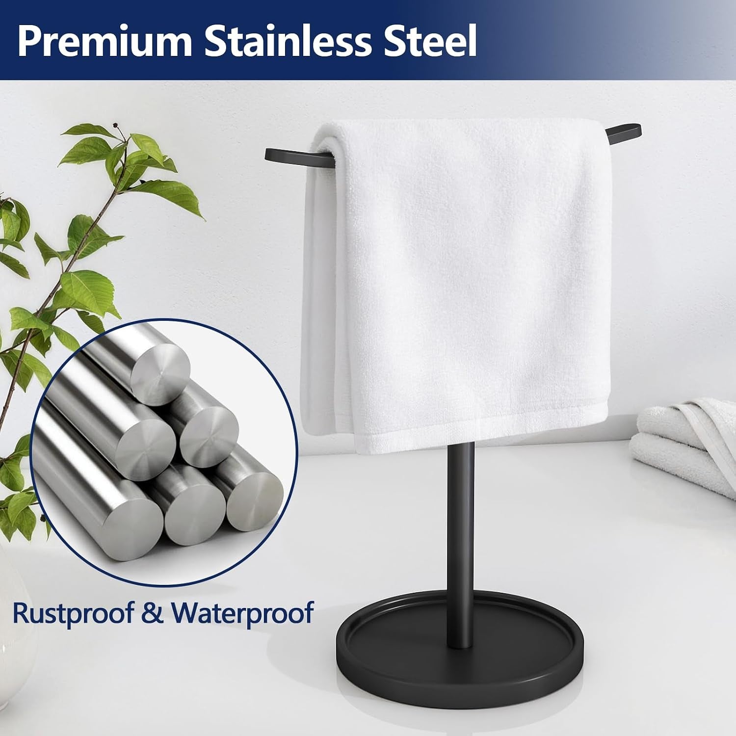 Hand Towel Holder, Stainless Steel Towel Holder Stand for Bathroom, Kitchen Countertop, T-Shaped Hand Towel Rack Stand, Black