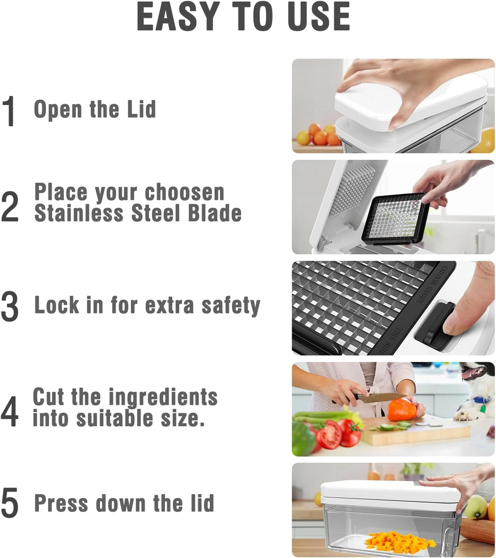 Food Chopper with Container, Veggie Chopper and Vegetable Chopper with 7 Stainless Steel Blades, Onion Chopper Dicer Cutter for Potato, Carrot, Garlic, Cubumber, Salad Meal Prep