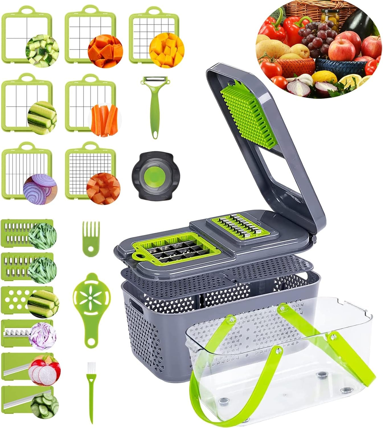 Vegetable Chopper 22 in 1 Multifunctional Onion Vegetable Mandoline Slicer Cutter Food Chopper Kitchen Manual Julienne Grater for Carrot Potato Fruit Salad with Colander Basket Container