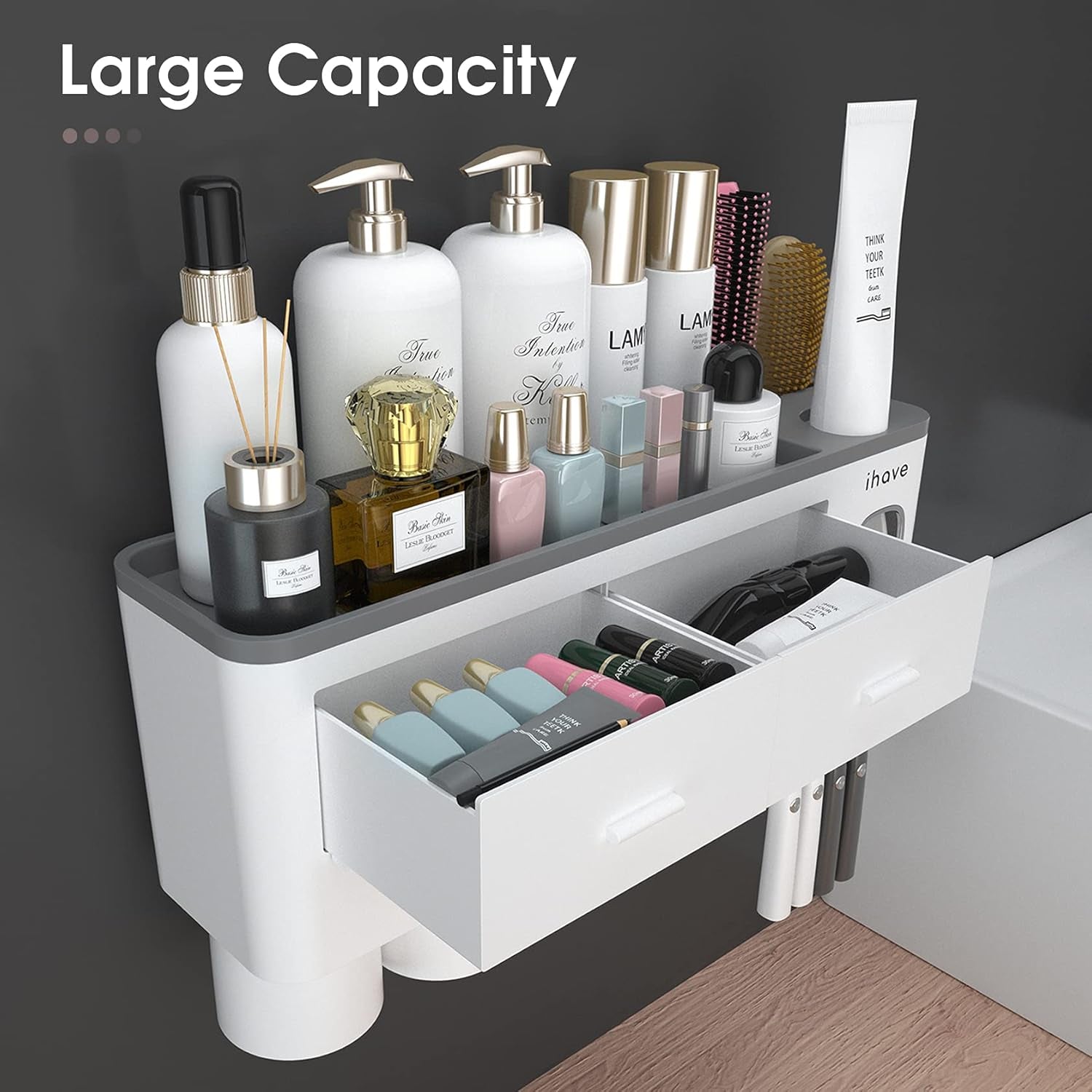 Toothbrush Holders for Bathrooms, 4 Cups Toothbrush Holder Wall Mounted with Toothpaste Dispenser - Large Capacity Tray, 2 Cosmetic Drawer - Bathroom Organizer & Bathroom Accessories Set