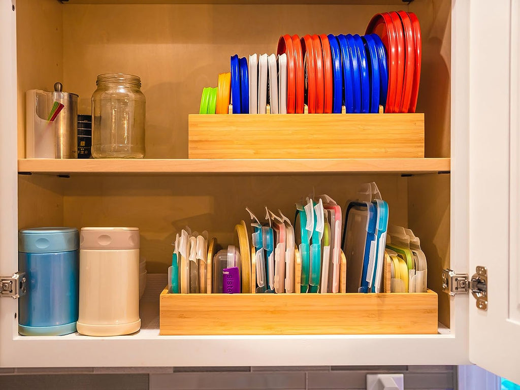 Large Bamboo Food Container Lid Organizer for Kitchen Cabinet | Adjustable Slots - Premium Bamboo, Pretty Color - Sturdy Versatile Caddy for Snack, Spice in Drawer - Anti-Skid Silicone Pads