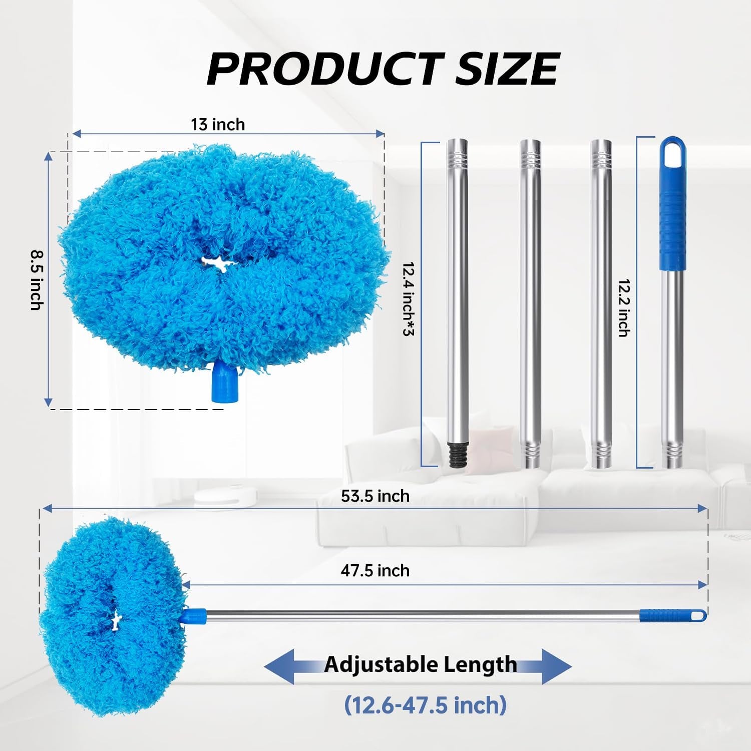 Ceiling Fan Cleaner Duster, Reusable Microfiber Duster with Extension Pole, 13 to 48 Inch Fan Blade Cleaner, Removable Dusters for Cleaning Walls Bookshelves Door Window Top (Blue)