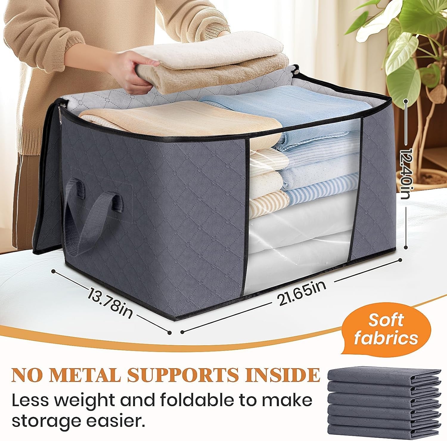 6 Pack Storage Bags for Clothes and Blanket, Foldable Closet Organizers and Storage with Zippers, Clear Window and Handles, Fabric Storage Bins for Sweater, Comforter, Bedding,Linen Sheets