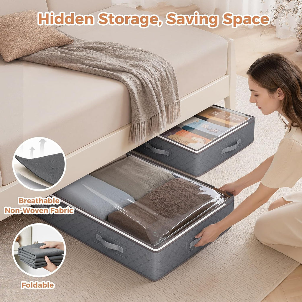 90L under Bed Storage Containers, Closet Organizers and Storage Bins, Foldable Underbed Storage Bags for Linen Sheets, Blanket, Clothing, Comforter, Sweaters, Pillows, Wrapping Paper, Grey