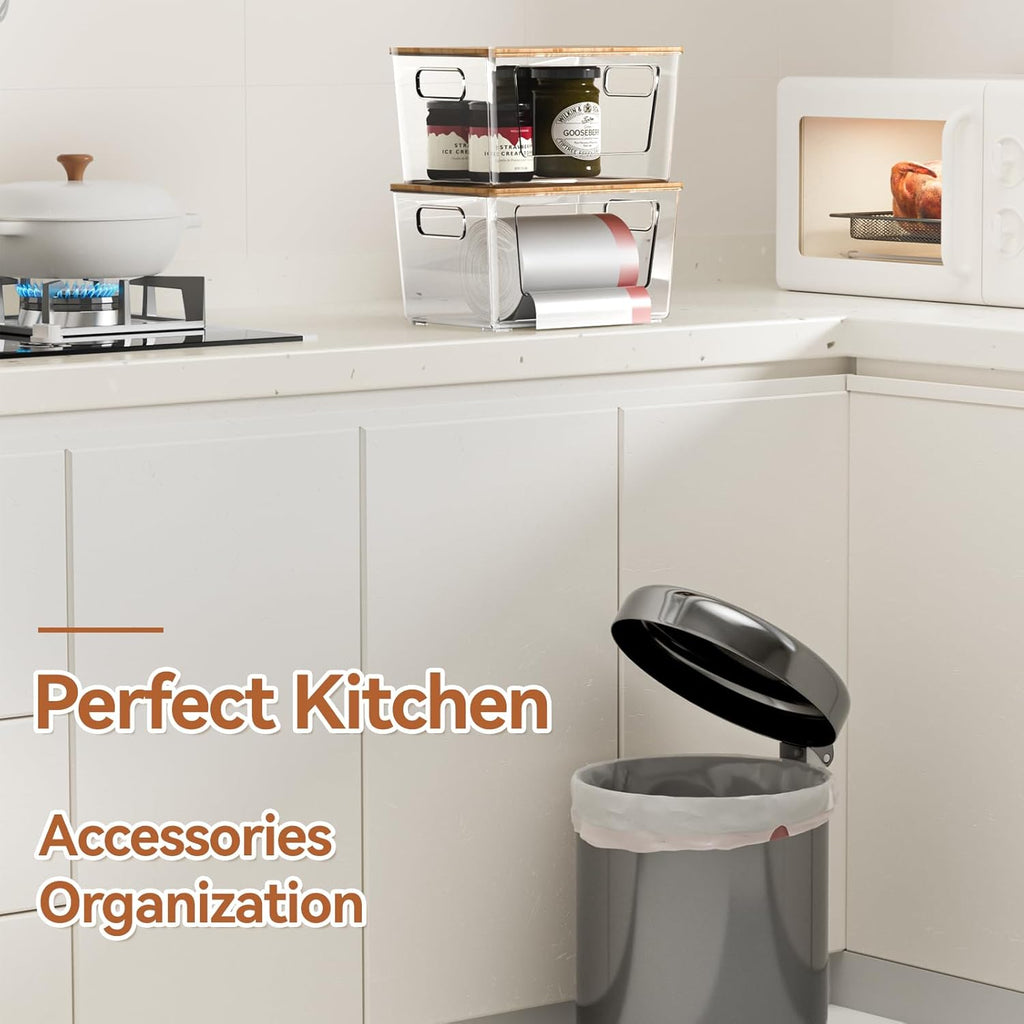 2 Pack Trash Bag Holder with Bamboo Lid, Stackable Trashbag Dispenser, Extra Large Garbage Bag Holder for Kitchen Laundry Room under Sink Organization and Storage