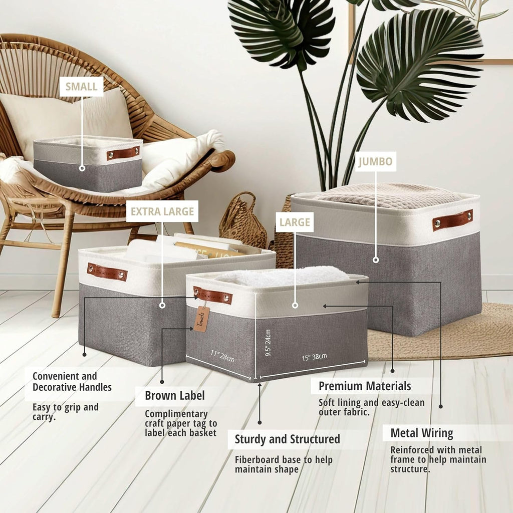 Storage Bins, Large Fabric Storage Baskets for Shelves, Decorative Linen Closet Organizer, 15 X 11 X 9.5 Inches (Grey & White, 3 Pack)