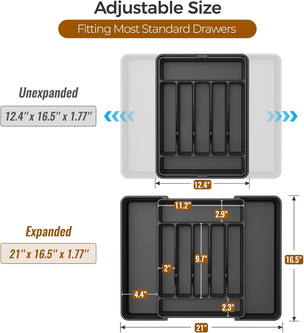 Extra Large Expandable Silverware Organizer, Bpa-Free Food-Safe Cutlery Flatware Organizer, Kitchen Utensil Drawer Organizer, Adjustable Silverware Holder for Spoons Forks Knives, Black