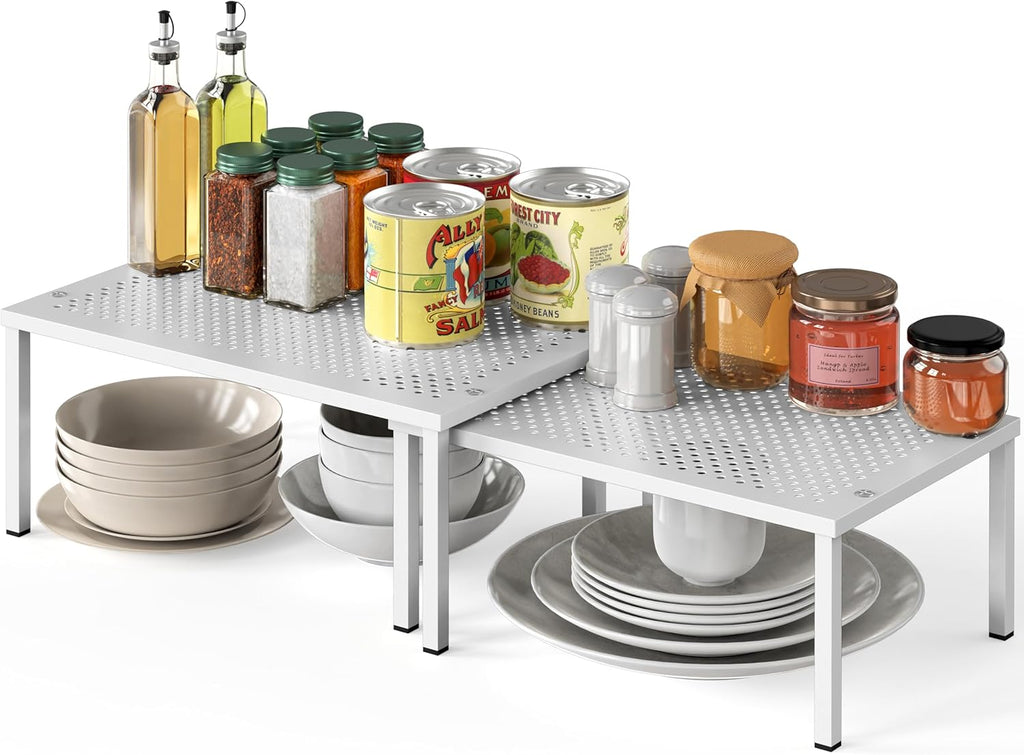 Expandable Stackable Kitchen Counter Shelf Organizer, White, Metal Top, 11.25"L X 7.9"W X 5.4"H