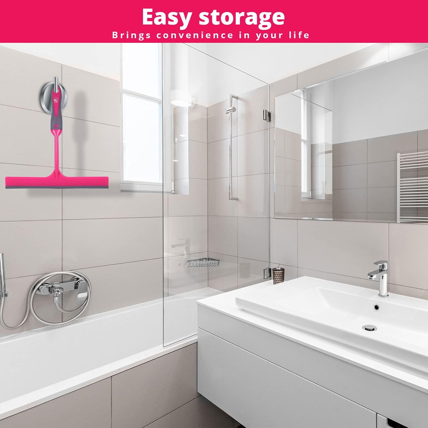 WBM Home Squeegee, Professional Scratch Free Surface Cleaner with Hanging Hole, Shower Squeegee, Pink