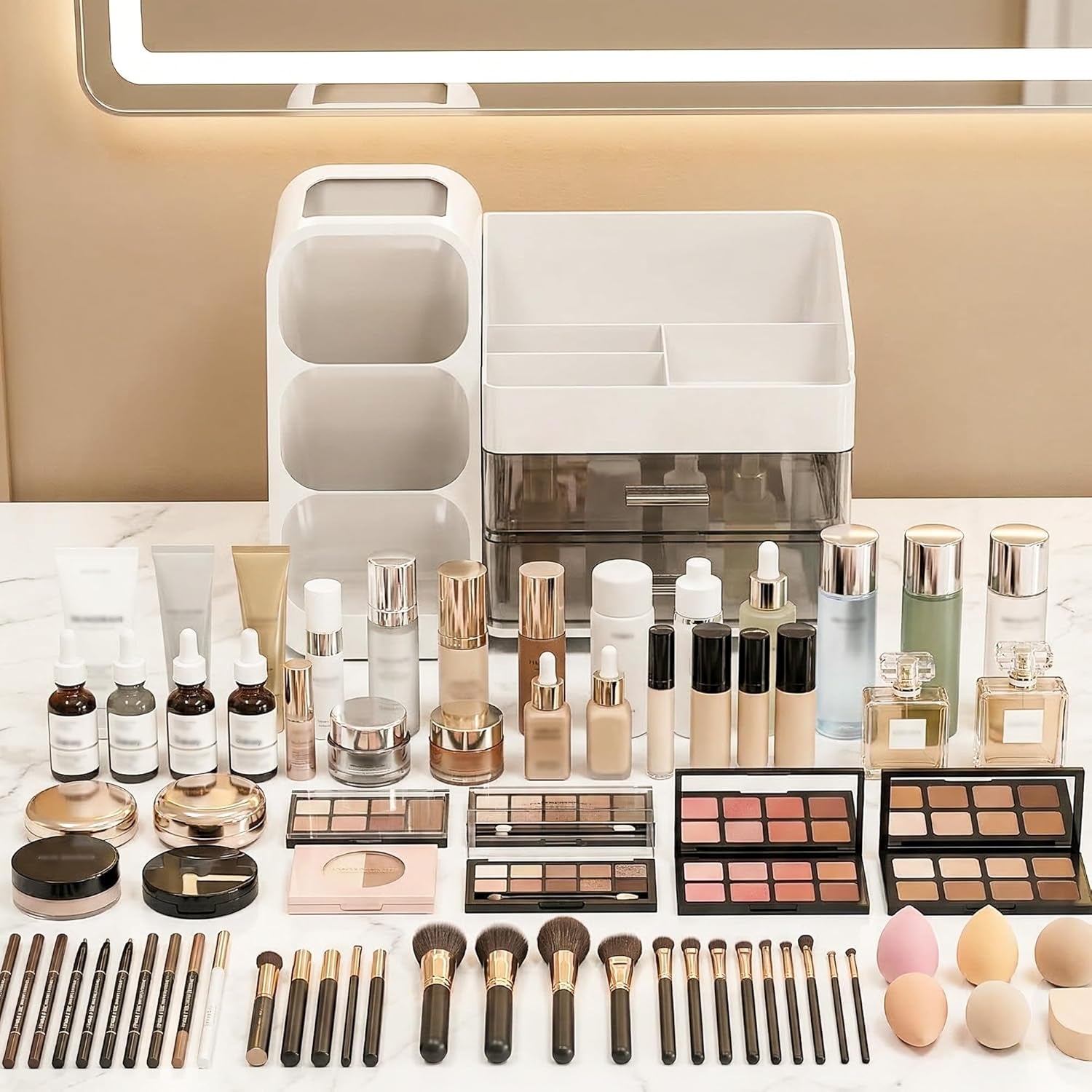Large Capacity Makeup Organizer Countertop with Makeup Brush Holder for Vanity, Thickened Material, Bathroom Countertop Organizer Skin Care Perfumes Storage, Teen Girl Gifts for 12-23 Year（White）