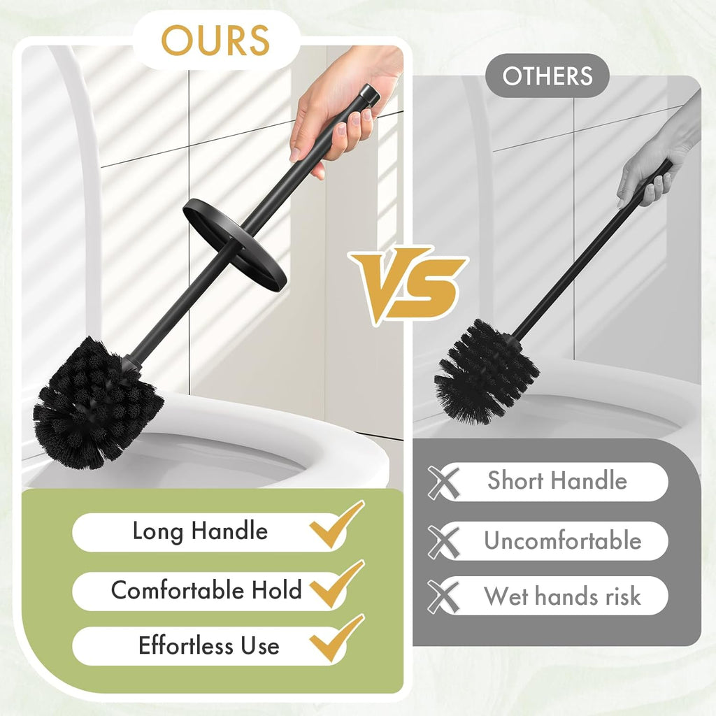 Toilet Bowl Brush and Holder Set 2 Pack with 4 Extra Brush Heads | Extra Long Handle with Splash Guard Cover, Tool-Free Installation, Bathroom Space-Saving, Cleaner Sets for Apartments, RV (Black)