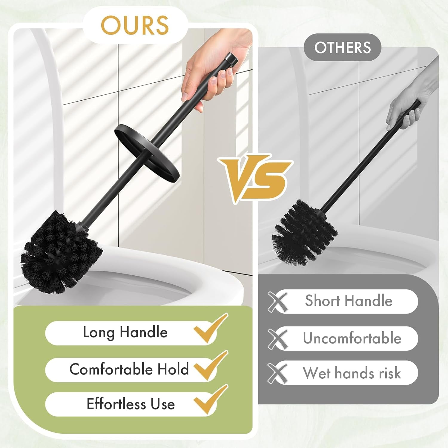 Toilet Bowl Brush and Holder Set 2 Pack with 4 Extra Brush Heads | Extra Long Handle with Splash Guard Cover, Tool-Free Installation, Bathroom Space-Saving, Cleaner Sets for Apartments, RV (Black)