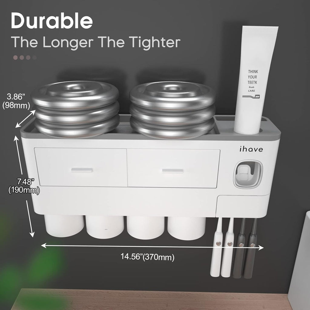 Toothbrush Holders for Bathrooms, 4 Cups Toothbrush Holder Wall Mounted with Toothpaste Dispenser - Large Capacity Tray, 2 Cosmetic Drawer - Bathroom Organizer & Bathroom Accessories Set