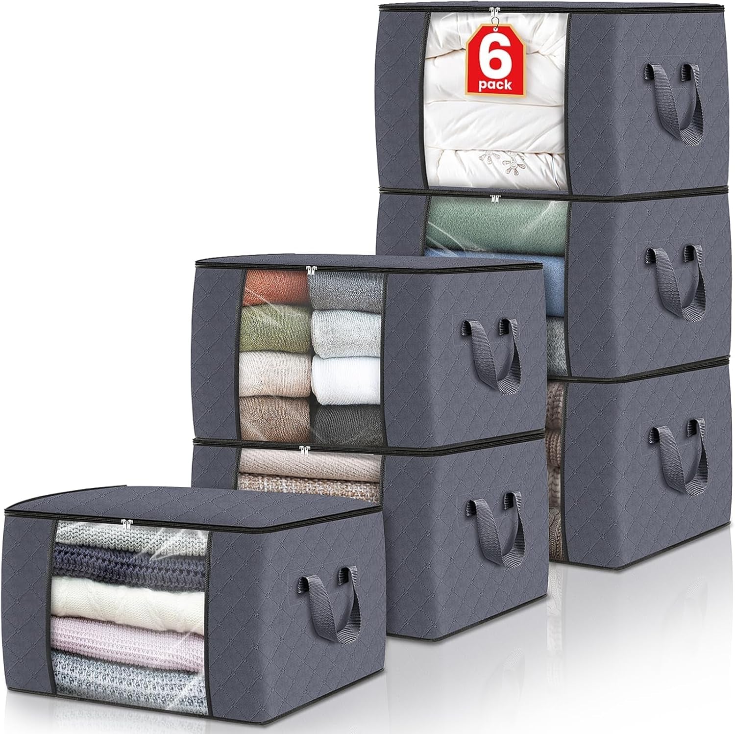 6 Pack Storage Bags for Clothes and Blanket, Foldable Closet Organizers and Storage with Zippers, Clear Window and Handles, Fabric Storage Bins for Sweater, Comforter, Bedding,Linen Sheets