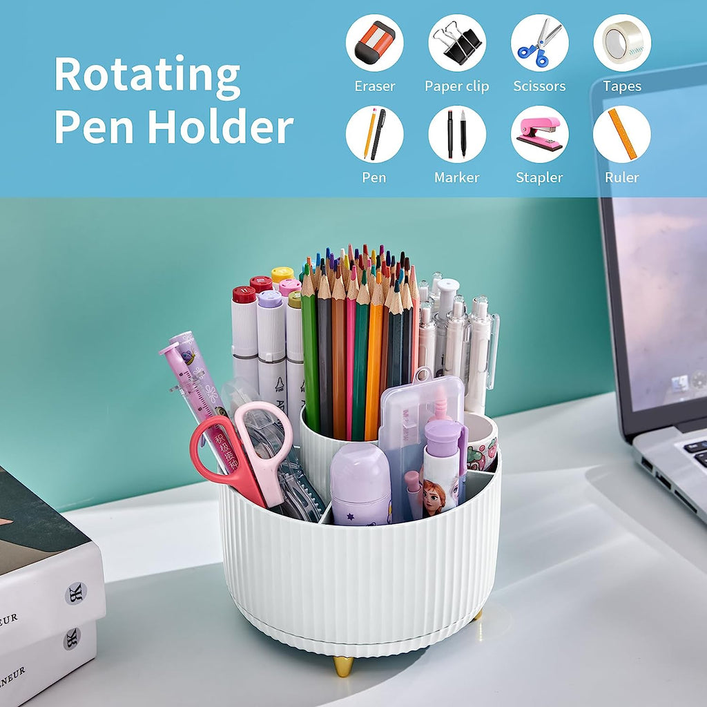 Desk Organizer, 360-Degree Rotating Pen Holder, Desk Organizers and Accessories with 5 Compartments Pencil Holder, Art Supply Storage Box Caddy for Office, Home（White）