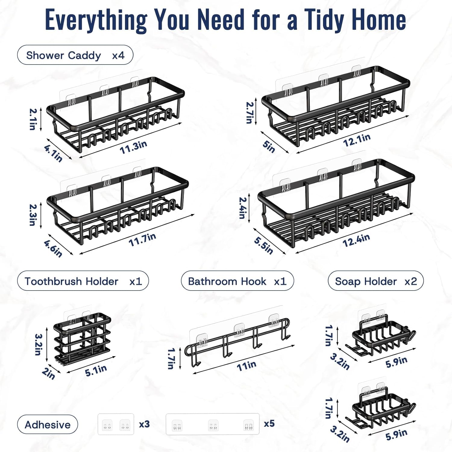 8 Pack Adhesive Rustproof Shower Caddy with Soap Dishes, Toothbrush Holder & Hooks, Large Capacity No-Drilling Shower Shelves Rack for Bathroom Organizers and Storage Accessories, Black