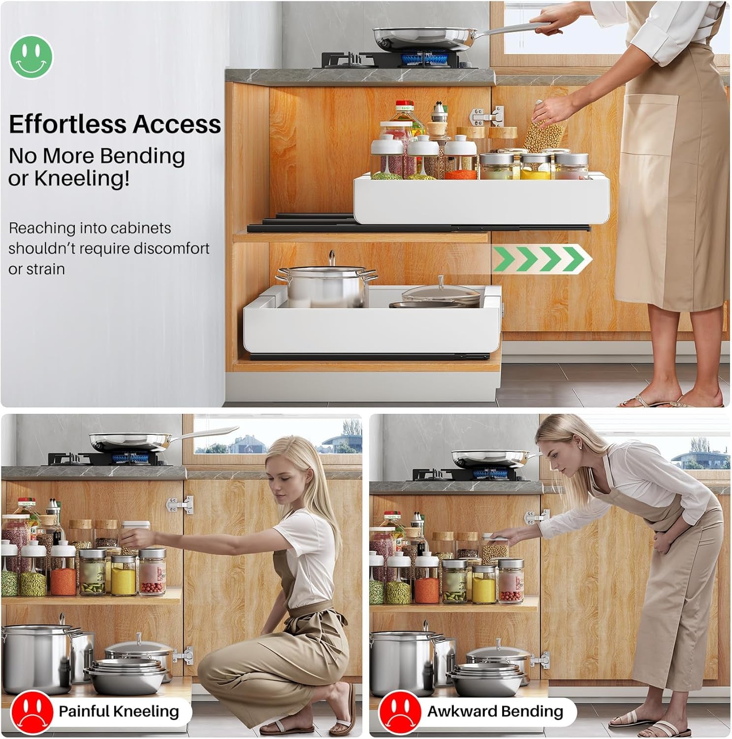 Pull Out Cabinet Organizer, Expandable(12"-20") Heavy Duty Slide Out Drawers Fixed with Adhesive Nano Film for Pots, Roll Out Shelf Storage for Kitchen Base Cabinet Organization(White)