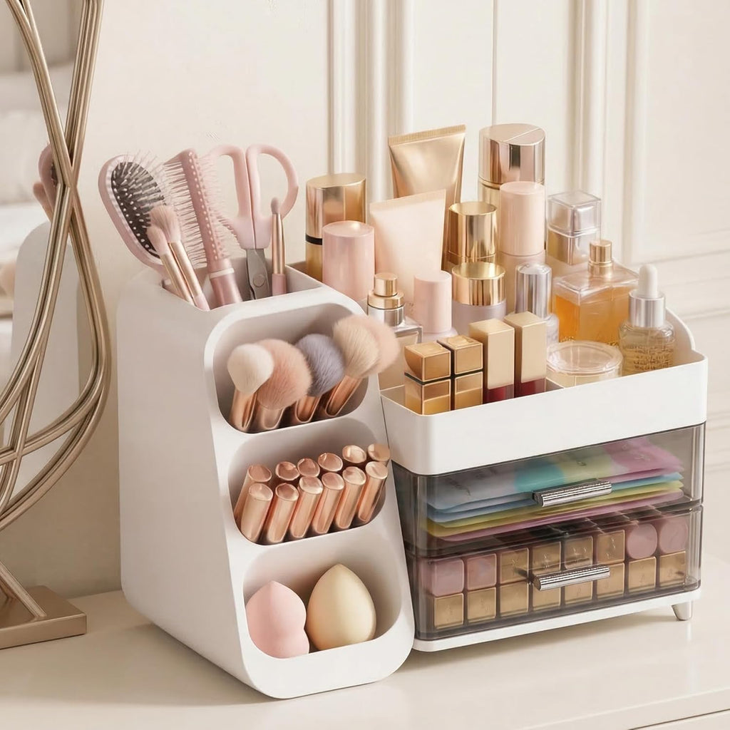 Large Capacity Makeup Organizer Countertop with Makeup Brush Holder for Vanity, Thickened Material, Bathroom Countertop Organizer Skin Care Perfumes Storage, Teen Girl Gifts for 12-23 Year（White）