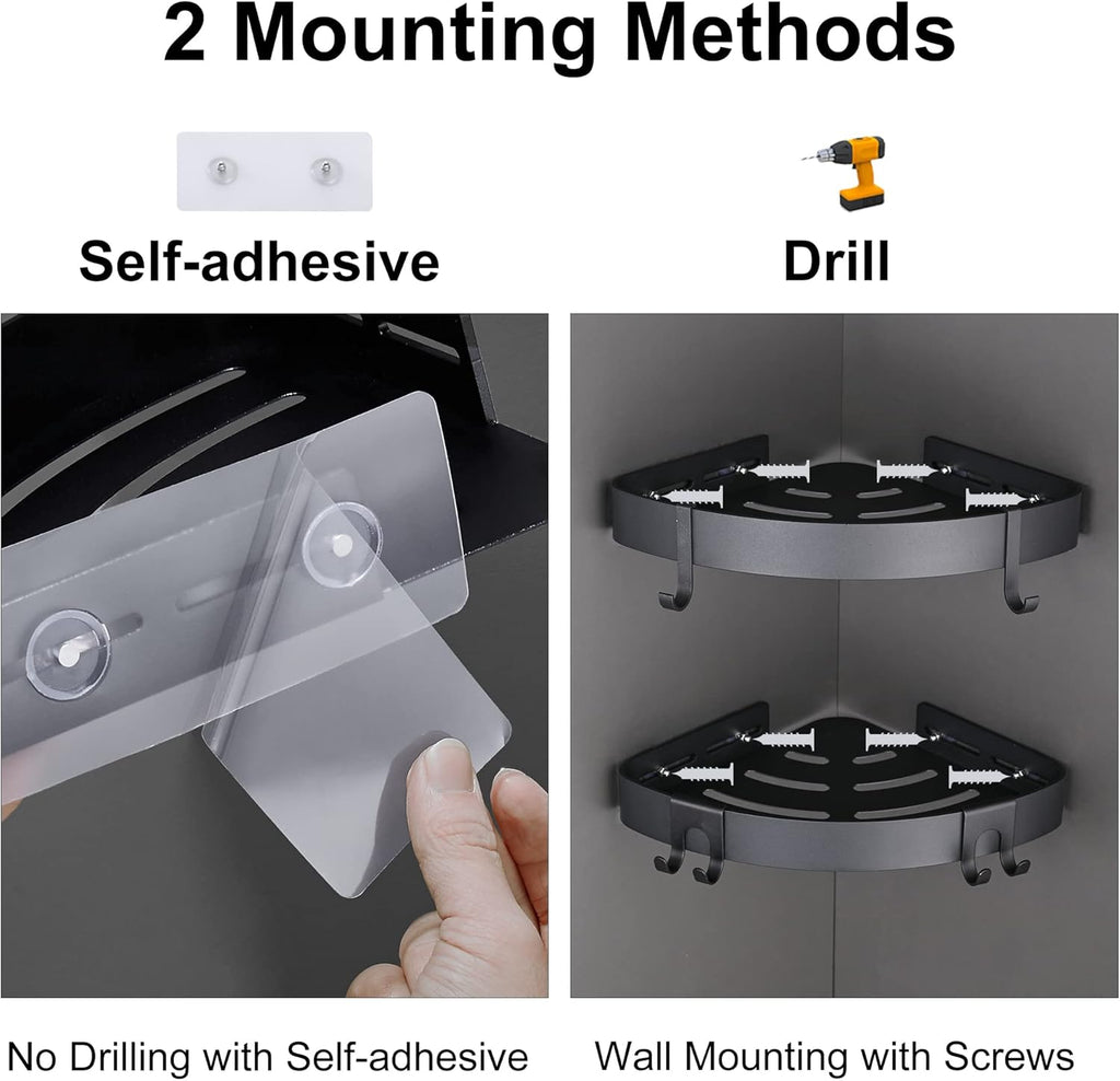 Adhesive Corner Shower Caddy with Hooks,Bathroom Shower Organizer, No Drilling Rust Proof Aluminum Shower Shelf for inside Shower 2 Pack (Black)