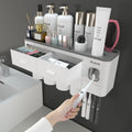 Toothbrush Holders for Bathrooms, 4 Cups Toothbrush Holder Wall Mounted with Toothpaste Dispenser - Large Capacity Tray, 2 Cosmetic Drawer - Bathroom Organizer & Bathroom Accessories Set