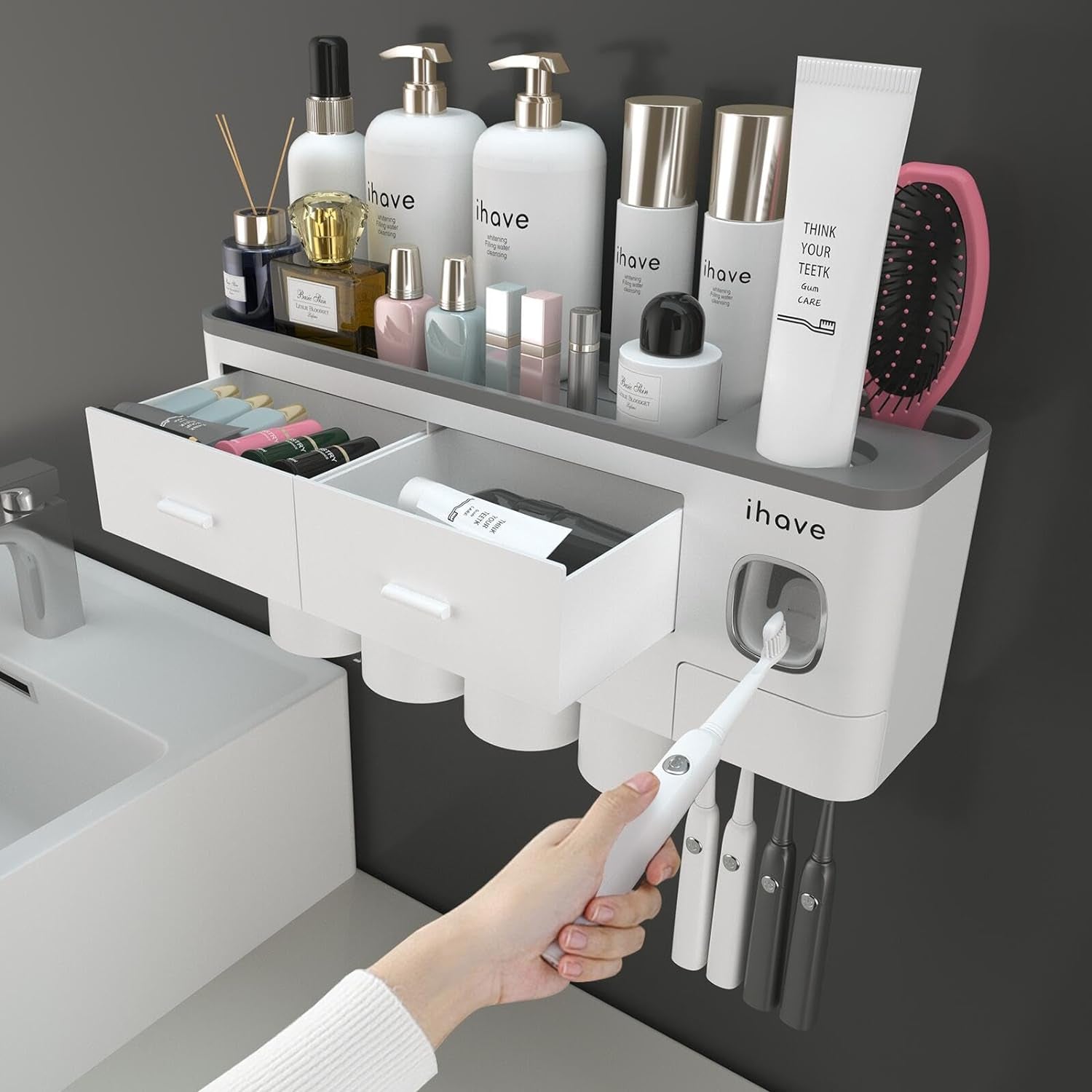 Toothbrush Holders for Bathrooms, 4 Cups Toothbrush Holder Wall Mounted with Toothpaste Dispenser - Large Capacity Tray, 2 Cosmetic Drawer - Bathroom Organizer & Bathroom Accessories Set