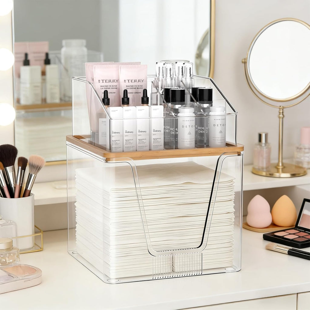 2 in 1 Disposable Facial Towel Holder and Cosmetic Organizer, Clear Storage with Bamboo Lid Compatible with Clean Skin Club Towel XL, Stackable Vanity Organizer for Bathroom Vanity Counter (1 Pack)
