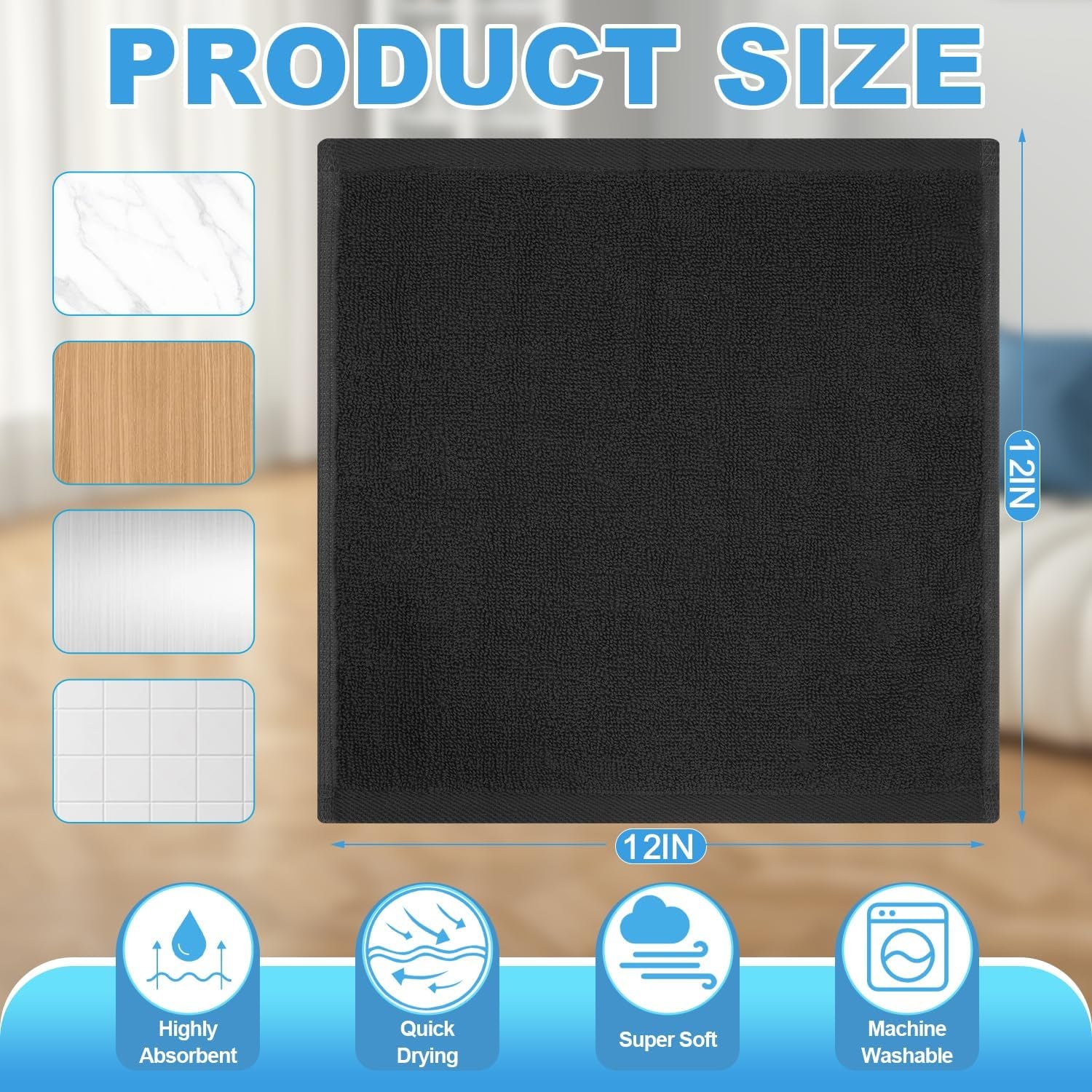 6 Pack 100% Cotton Wash Cloth, 12X12Inch Highly Absorbent and Soft Feel Fingertip Towels, Machine Washable Washcloths for Bathroom, Gym, Hotel, Spa and Kitchen, Black