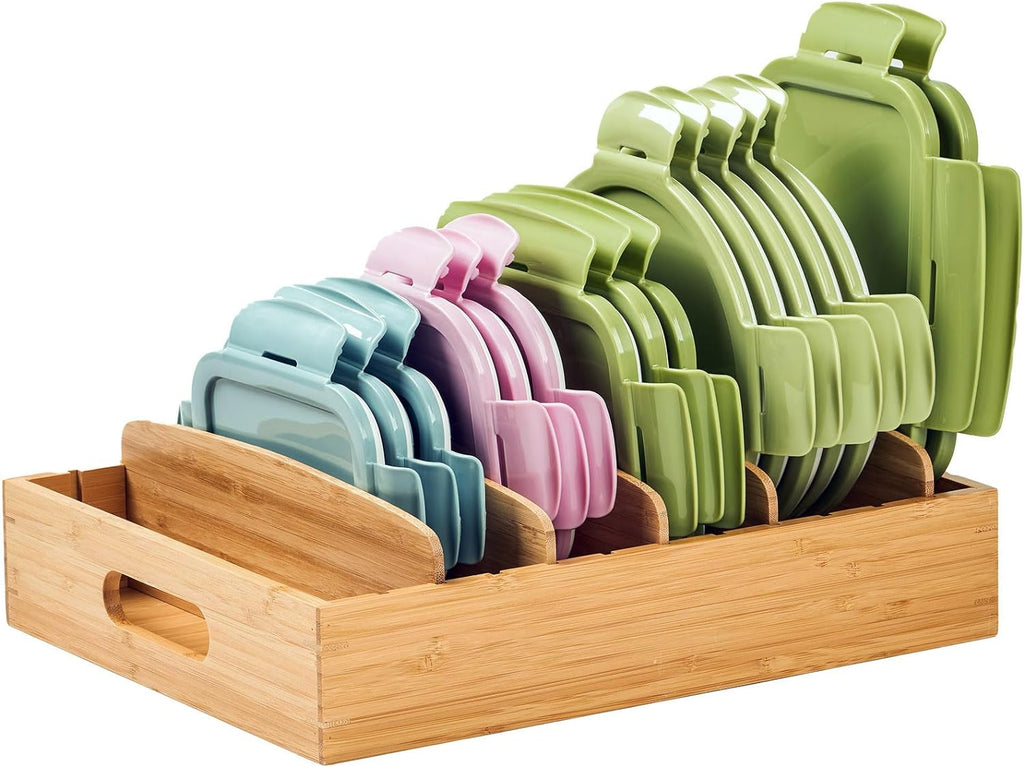 Large Bamboo Food Container Lid Organizer for Kitchen Cabinet | Adjustable Slots - Premium Bamboo, Pretty Color - Sturdy Versatile Caddy for Snack, Spice in Drawer - Anti-Skid Silicone Pads