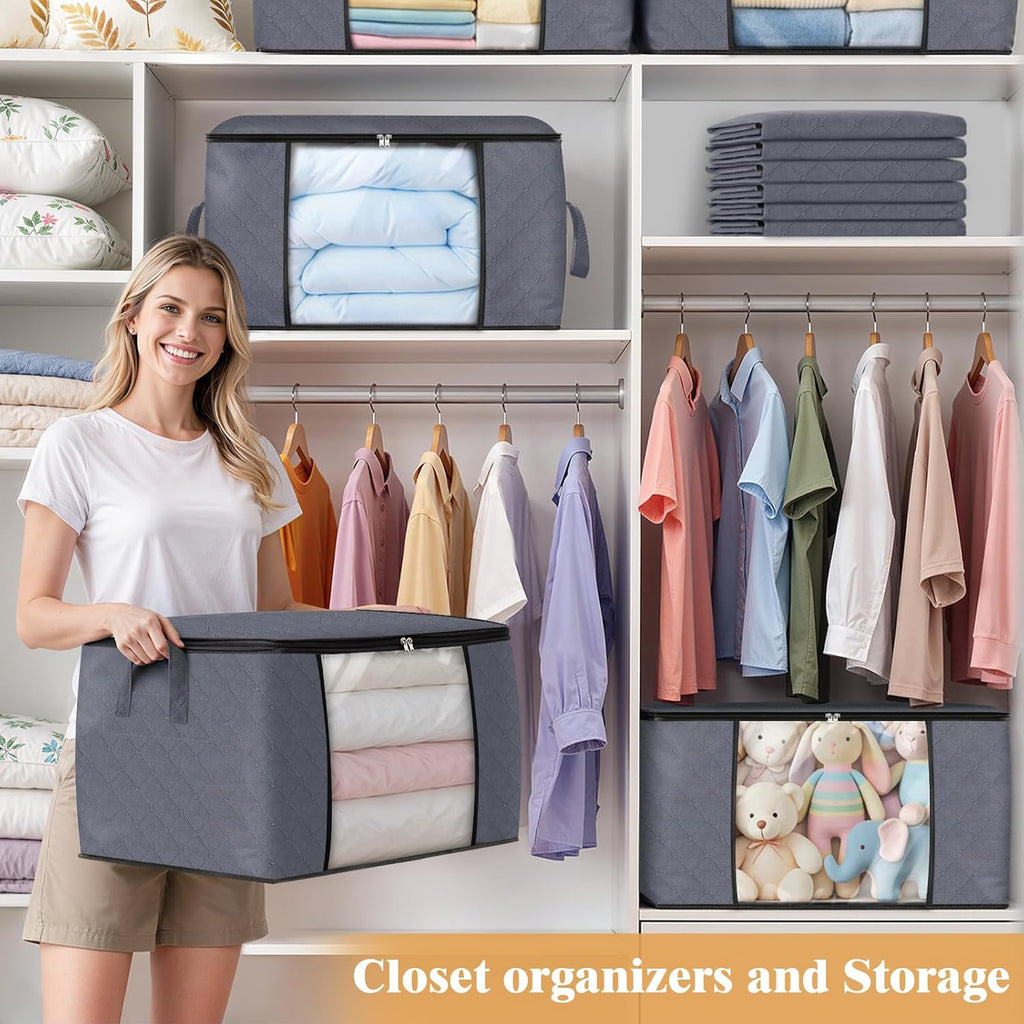 6 Pack Storage Bags for Clothes and Blanket, Foldable Closet Organizers and Storage with Zippers, Clear Window and Handles, Fabric Storage Bins for Sweater, Comforter, Bedding,Linen Sheets