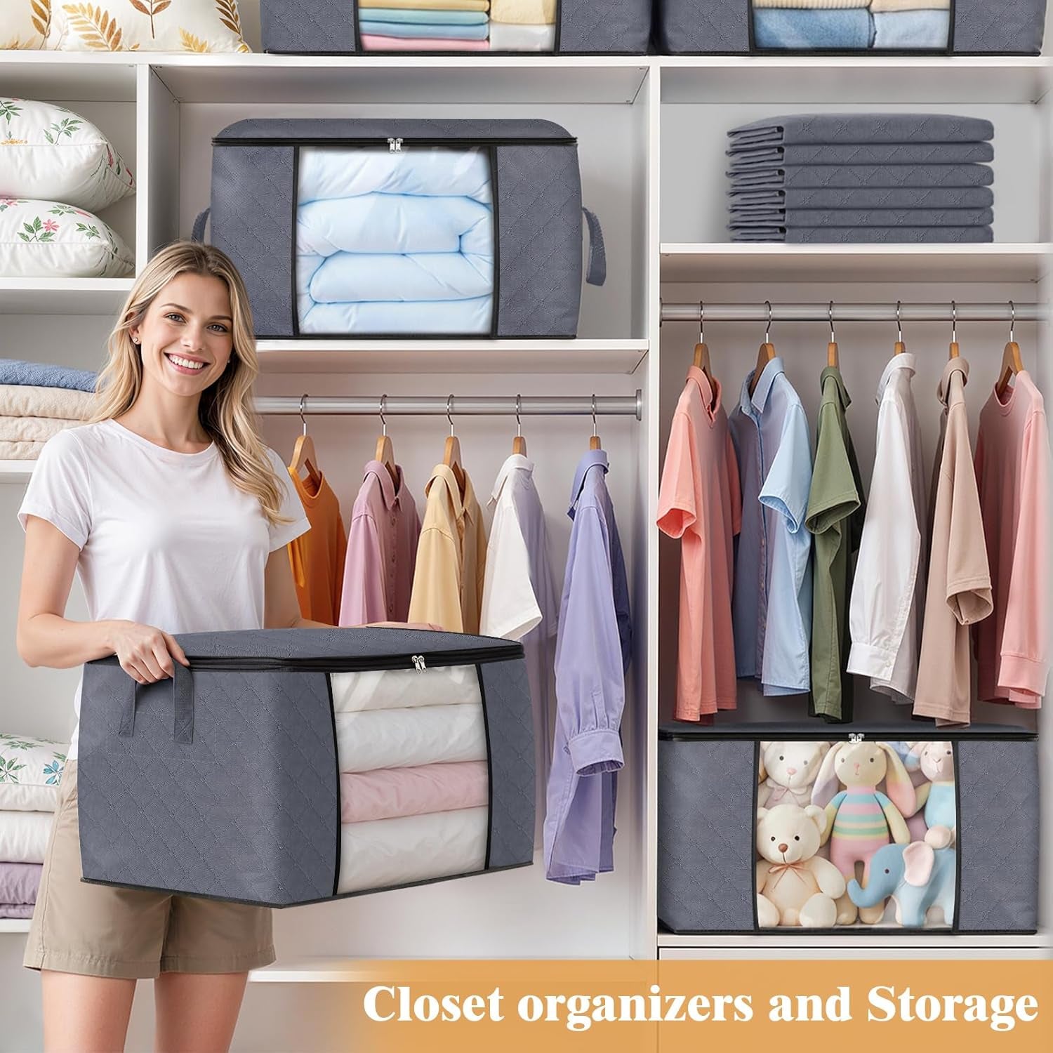 6 Pack Storage Bags for Clothes and Blanket, Foldable Closet Organizers and Storage with Zippers, Clear Window and Handles, Fabric Storage Bins for Sweater, Comforter, Bedding,Linen Sheets