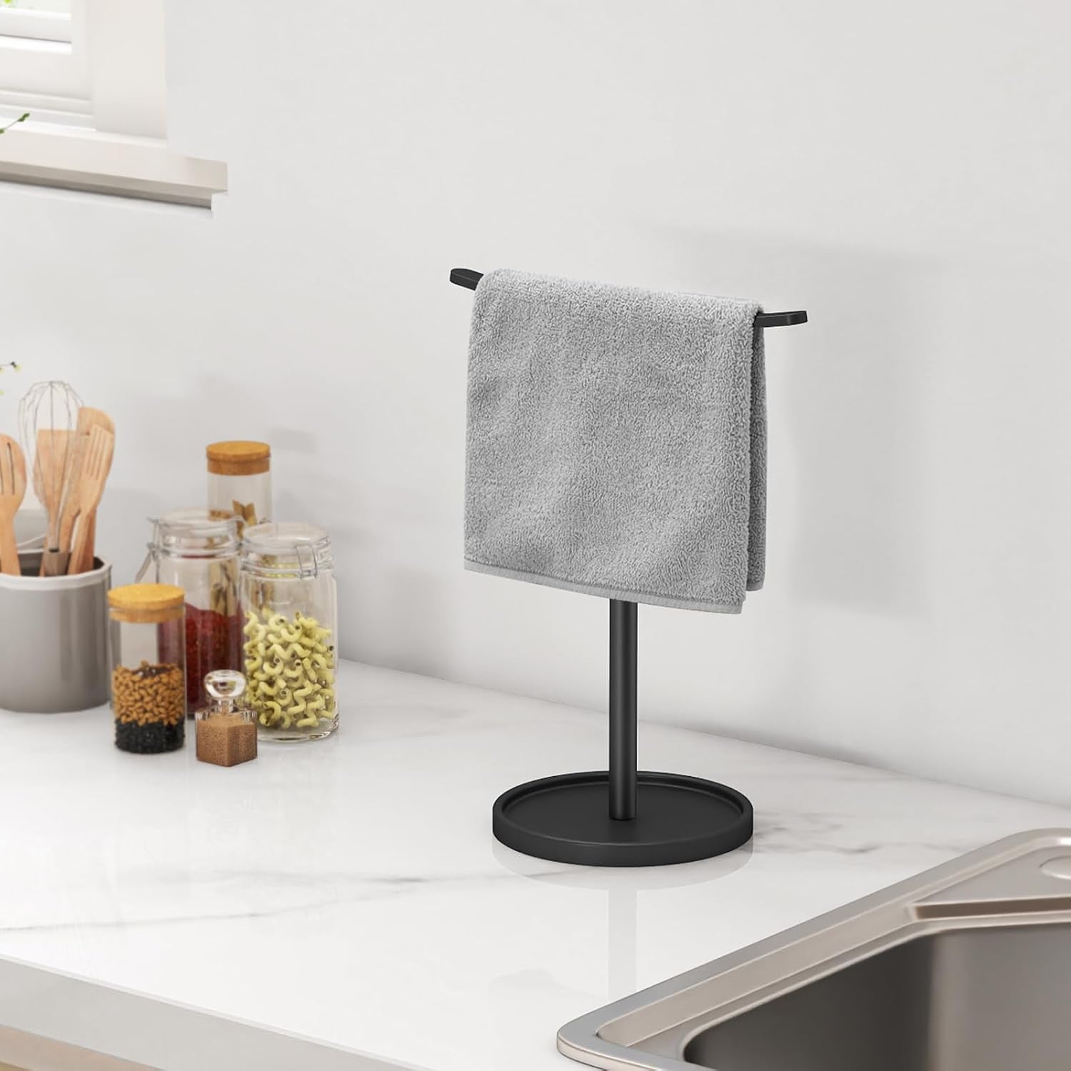 Hand Towel Holder, Stainless Steel Towel Holder Stand for Bathroom, Kitchen Countertop, T-Shaped Hand Towel Rack Stand, Black