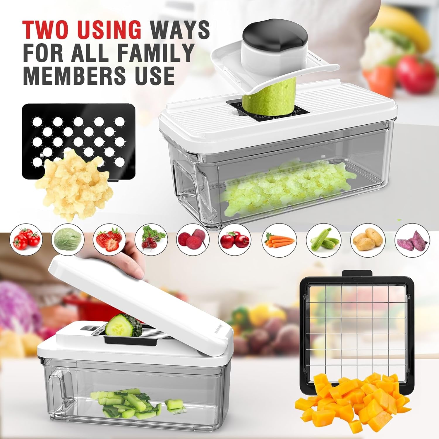 Food Chopper with Container, Veggie Chopper and Vegetable Chopper with 7 Stainless Steel Blades, Onion Chopper Dicer Cutter for Potato, Carrot, Garlic, Cubumber, Salad Meal Prep